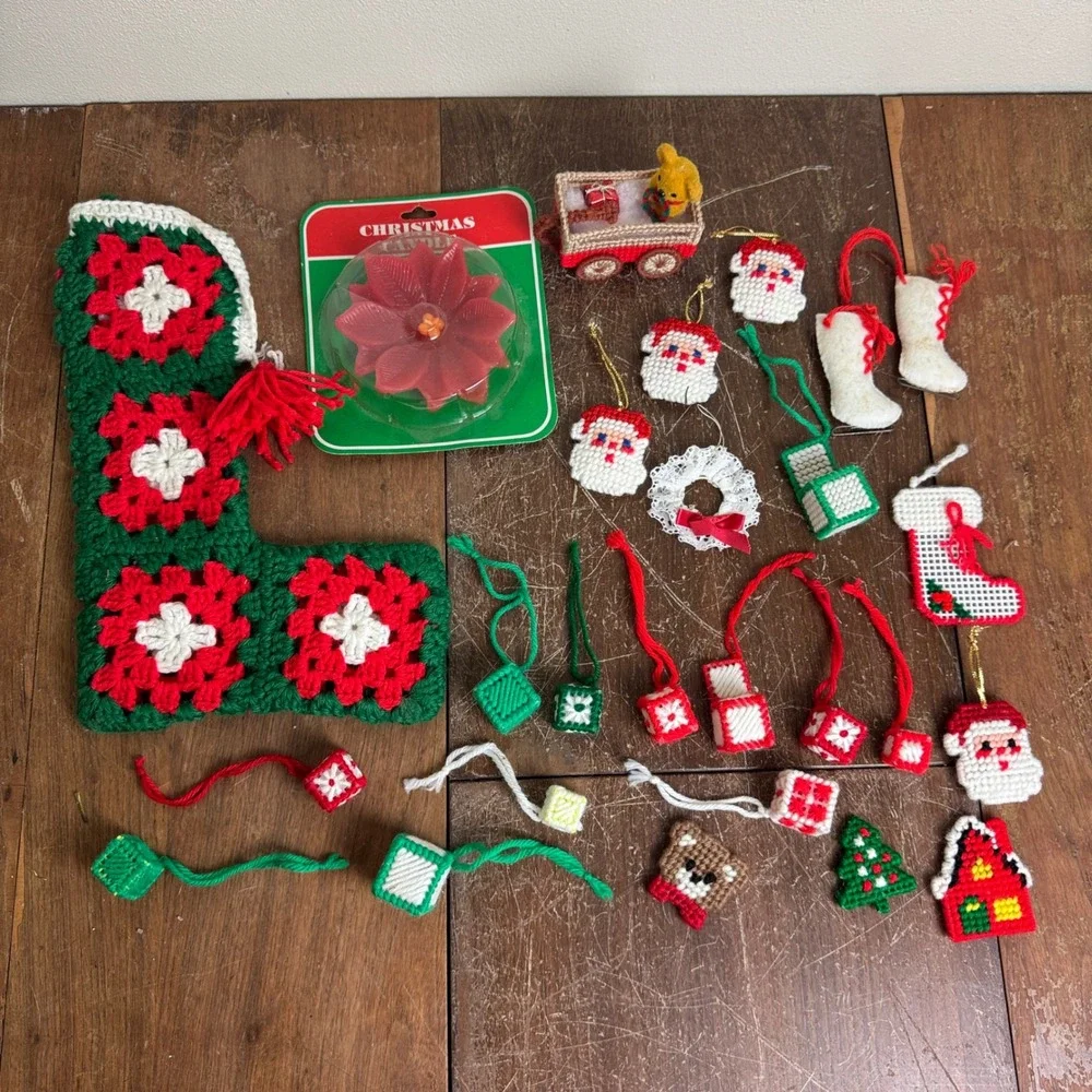 VINTAGE Christmas Granny Square Stocking Poinsettia Candle Various‎ Ornament LOT